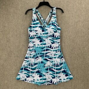 Jasambac Swim Dress Womens L Blue Tropical Palm Tree Crisscross Back Swimsuit